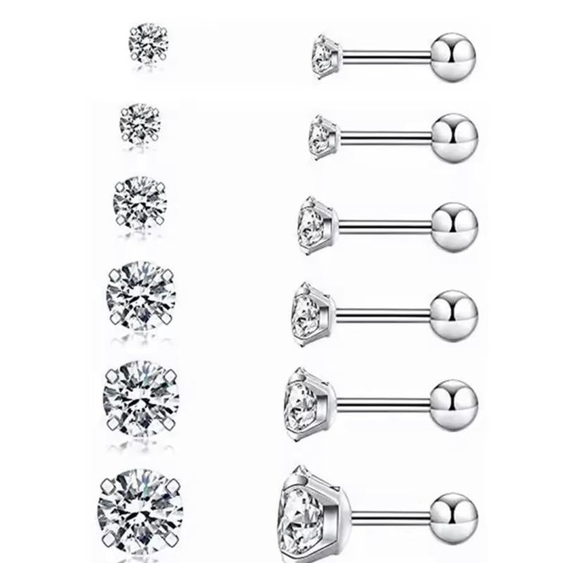 Ball Back Screw On CZ Stud Earrings 18K Gold Plated Stainless Steel Hypoallergenic 3x A-Grade CZ Gemstones 3mm-8mm Sizes