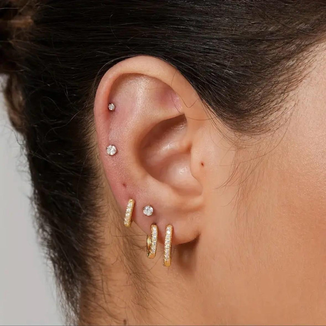 Flat Back CZ Stud Earrings - 18K Gold Plated Stainless Steel Hypoallergenic 3x A-Grade CZ Gemstones 3mm-8mm Sizes