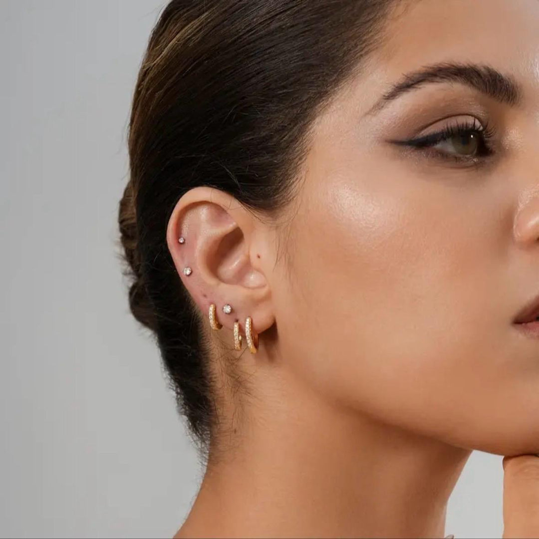 Flat Back CZ Stud Earrings - 18K Gold Plated Stainless Steel Hypoallergenic 3x A-Grade CZ Gemstones 3mm-8mm Sizes