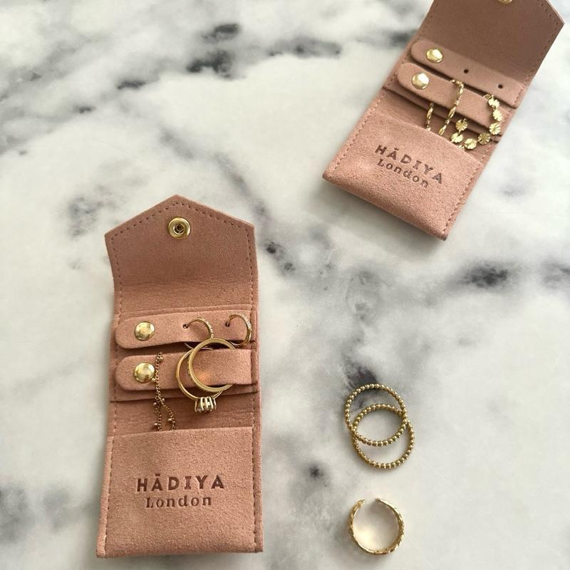 Hadiya London Pocket Jewellery Pouch - Soft Pink Leatherette with Gold Studs & Brand Embossing