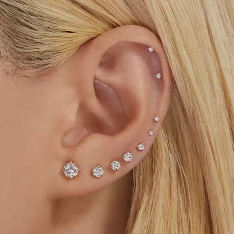 Ball Back Screw On CZ Stud Earrings 18K Gold Plated Stainless Steel Hypoallergenic 3x A-Grade CZ Gemstones 3mm-8mm Sizes