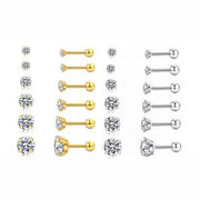 Ball Back Screw On CZ Stud Earrings 18K Gold Plated Stainless Steel Hypoallergenic 3x A-Grade CZ Gemstones 3mm-8mm Sizes
