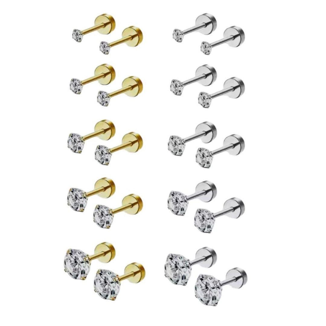 Flat Back CZ Stud Earrings - 18K Gold Plated Stainless Steel Hypoallergenic 3x A-Grade CZ Gemstones 3mm-8mm Sizes