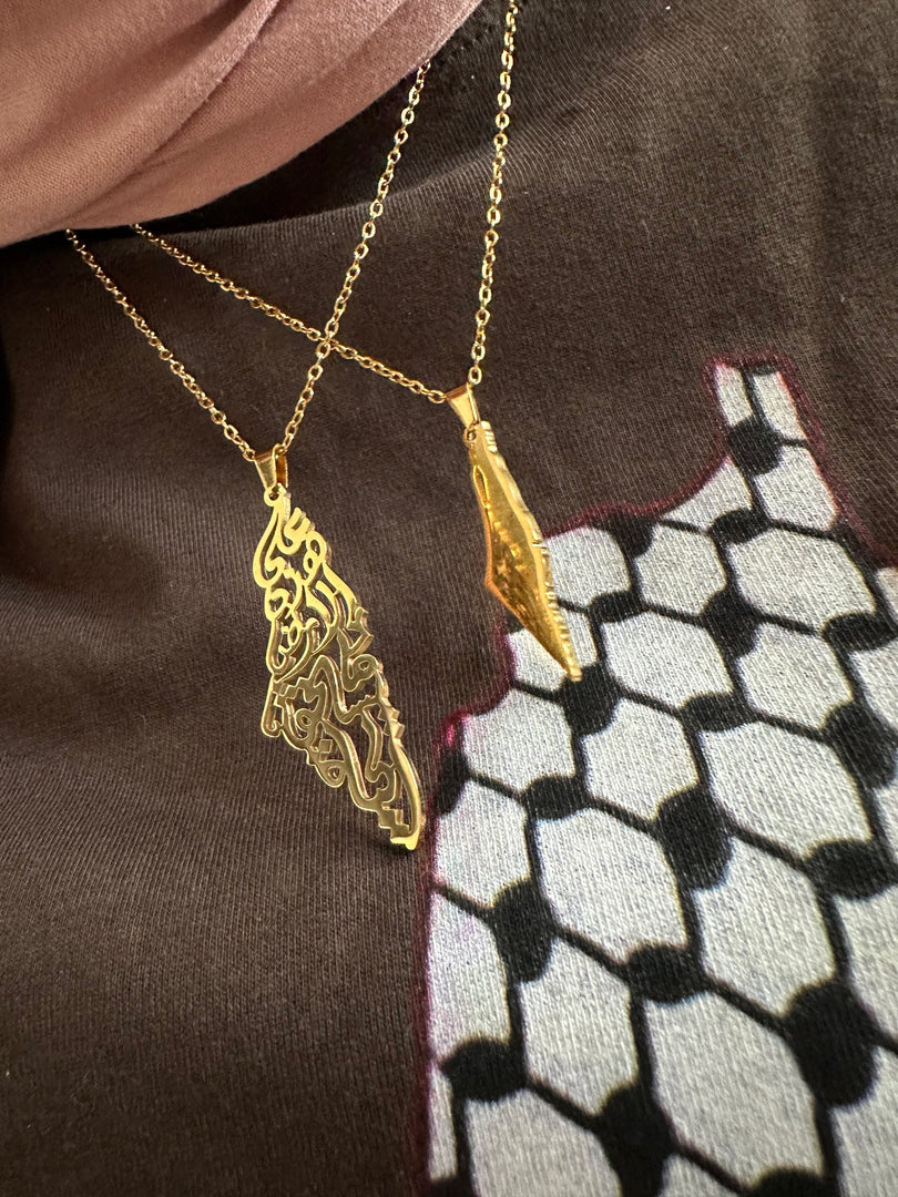Palestine Calligraphy Map Necklace