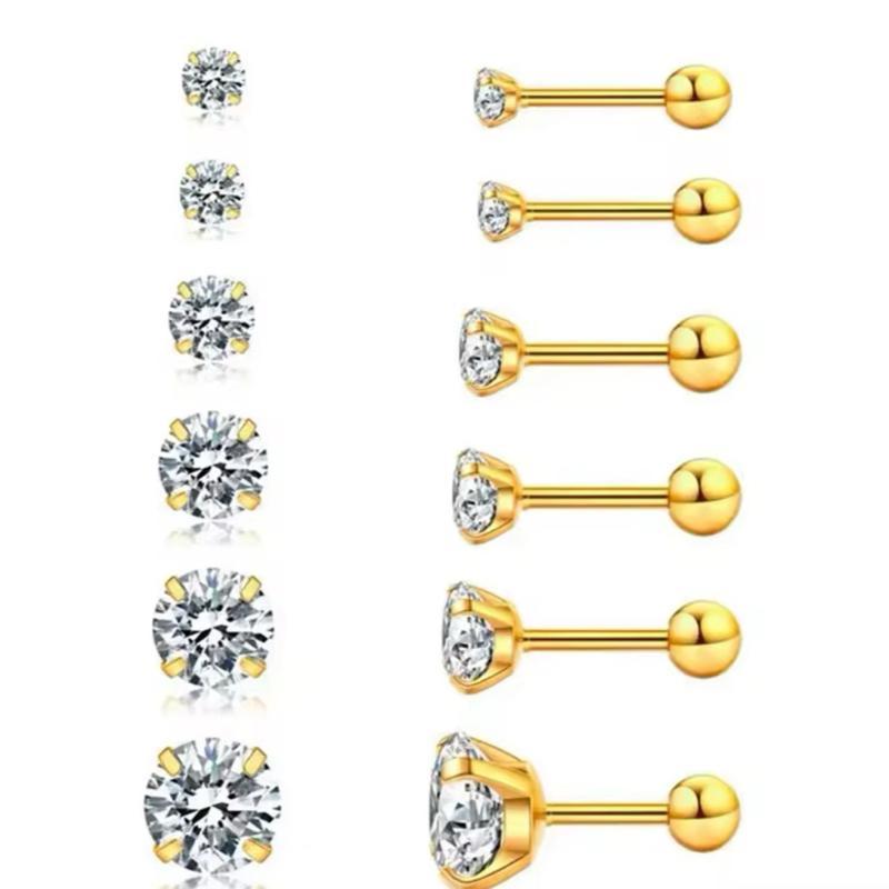 Ball Back Screw On CZ Stud Earrings 18K Gold Plated Stainless Steel Hypoallergenic 3x A-Grade CZ Gemstones 3mm-8mm Sizes
