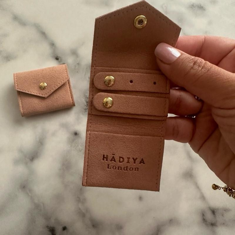 Hadiya London Pocket Jewellery Pouch - Soft Pink Leatherette with Gold Studs & Brand Embossing