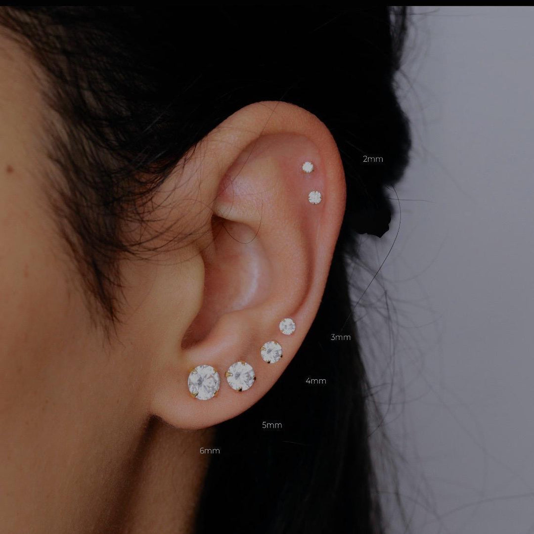 Flat Back CZ Stud Earrings - 18K Gold Plated Stainless Steel Hypoallergenic 3x A-Grade CZ Gemstones 3mm-8mm Sizes